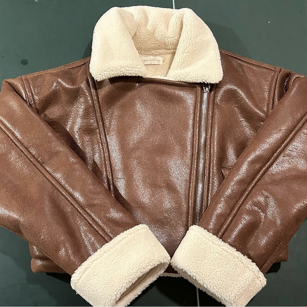 Cropped faux, brown leather jacket. Worn once.